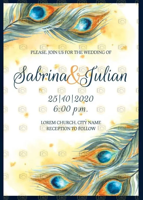 Stylish Wedding Invitation Embellished With Blue And Gold Feathers, Reflecting Elegance And Grace For The Special Occasion